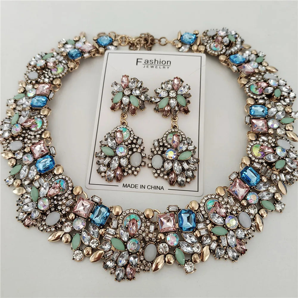 Crystal Rhinestones Necklace Earrings Bridal Jewelry Sets Big Choker Necklace