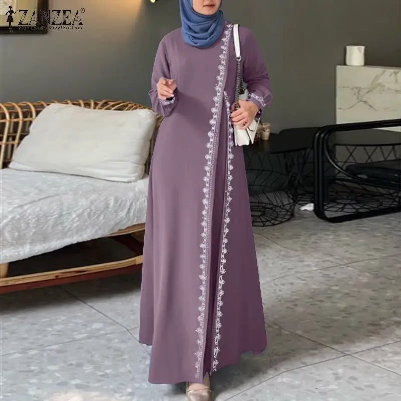 ZANZEA Spring Lace Crochet Maxi Dress Muslim Turkey Abaya Elegant Loose Vestidos Women Long Sleeve O Neck IsIamic Robe Kaftan