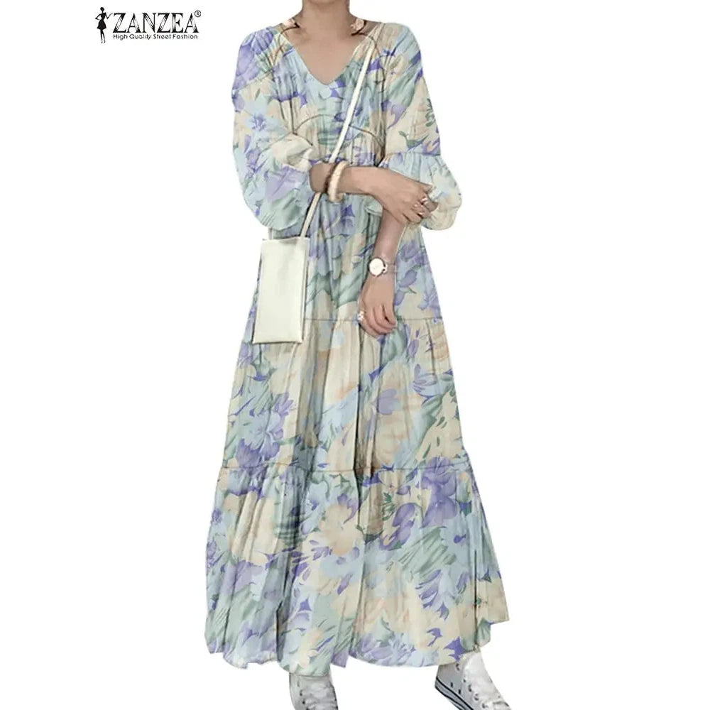 Women Long Causal Dress ZANZEA Fashion Floral Printed Autumn Long Sleeve Loose Holiday Sundress Robe