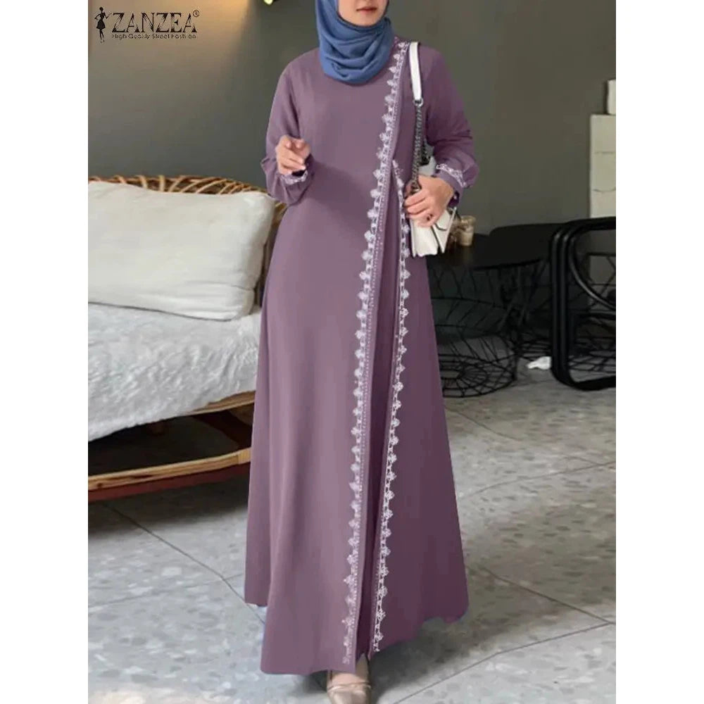 ZANZEA Spring Lace Crochet Maxi Dress Muslim Turkey Abaya Elegant Loose Vestidos Women Long Sleeve O Neck IsIamic Robe Kaftan