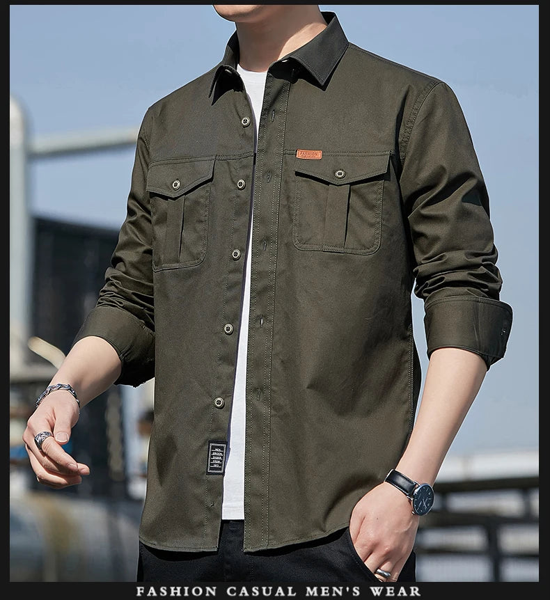 Men's Shirt Cotton New Cargo Style Long Sleeve Outdoor Casual High Quality Clothing