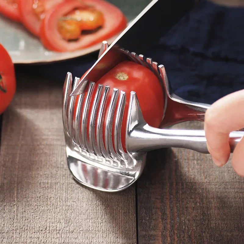 Stainless steel handheld slicer for oranges, lemons, and tomatoes; cutting clip kitchen tool.