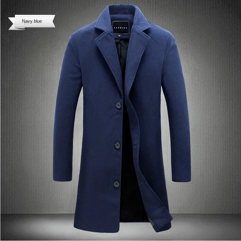 Long Cotton Coat New Wool Blend Jacket Spring Autumn Pure Color Casual Business Fashion Men's Clothing Slim Windbreaker