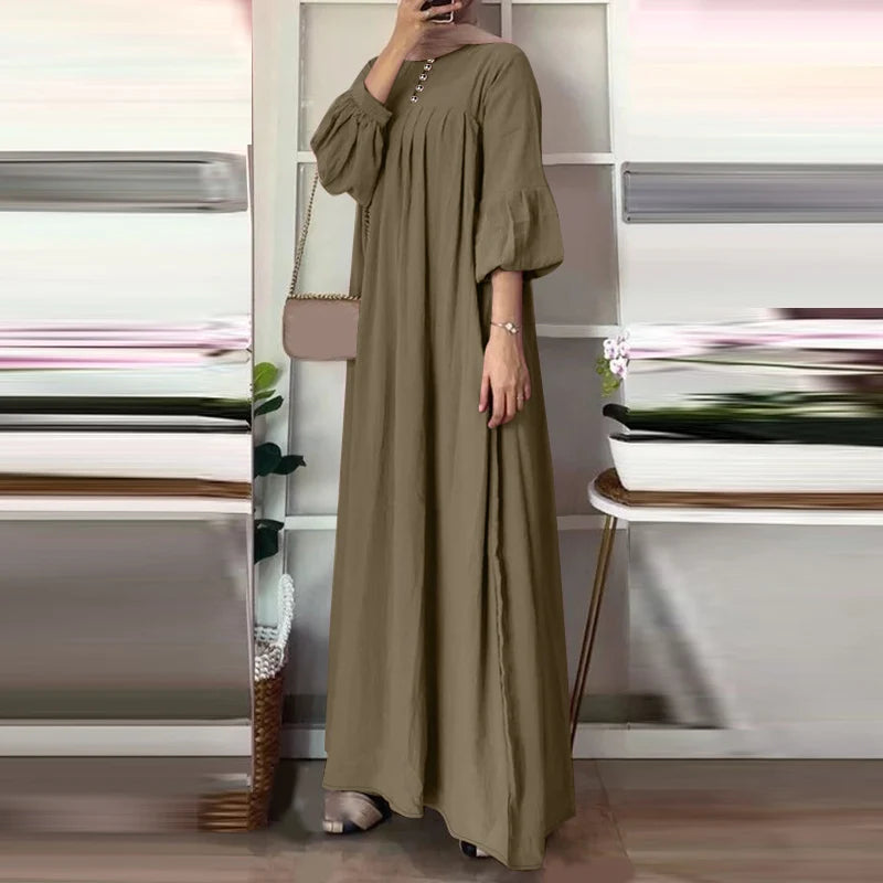 Abaya, Long Dress, Maxi for Muslim Women ZANZEA Vintage Autumn Sundress Fashion Long Lantern Sleeve Solid Maxi Dress Robe