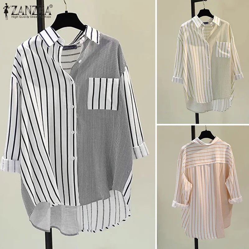 ZANZEA Women Blouse Lapel Neck Long Sleeve Striped, Spring Patchwork Tops, Stylish Casual Buttons Down Shirt Loose Blouse