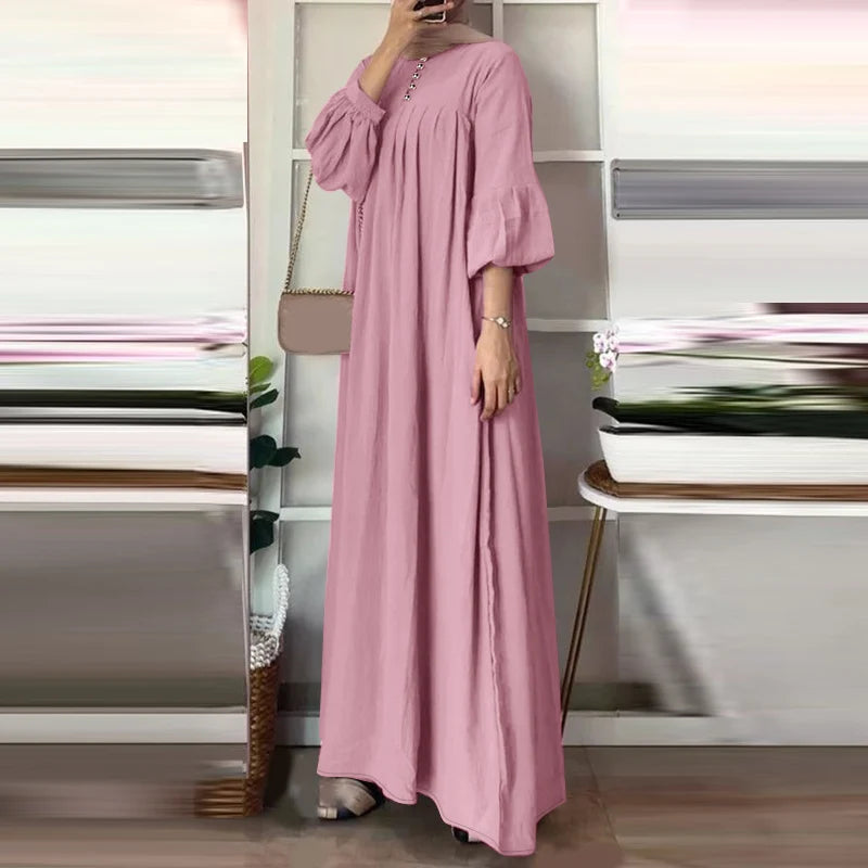 Abaya, Long Dress, Maxi for Muslim Women ZANZEA Vintage Autumn Sundress Fashion Long Lantern Sleeve Solid Maxi Dress Robe