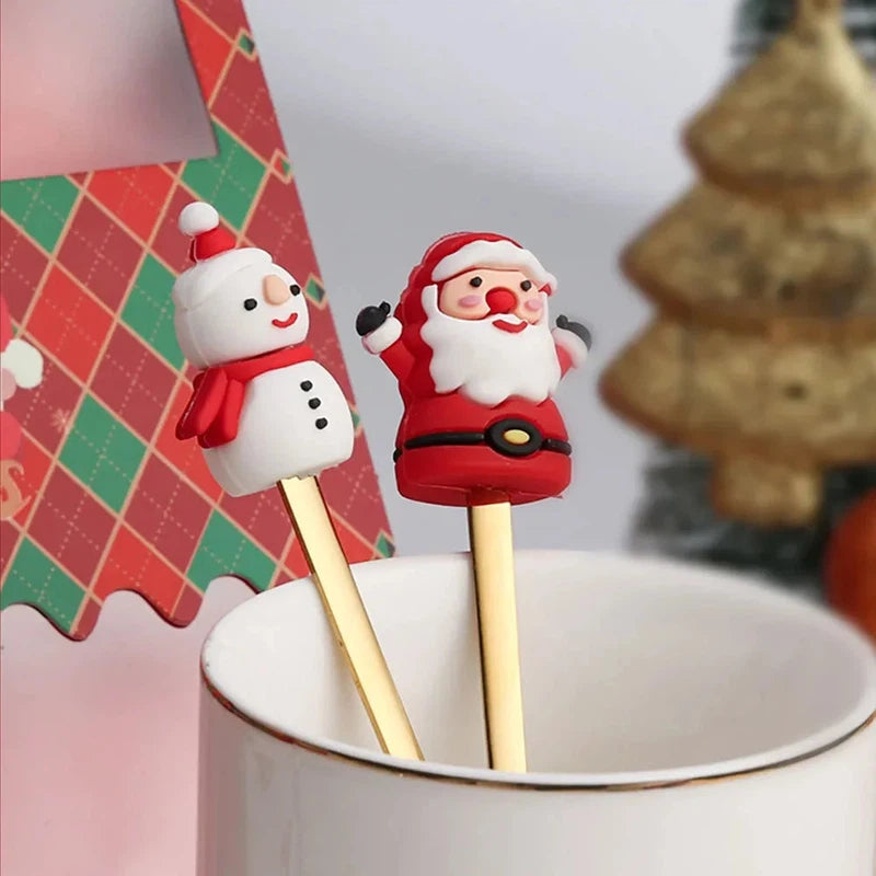 Christmas coffee spoons and forks set with Santa and snowman design in a festive gift box.