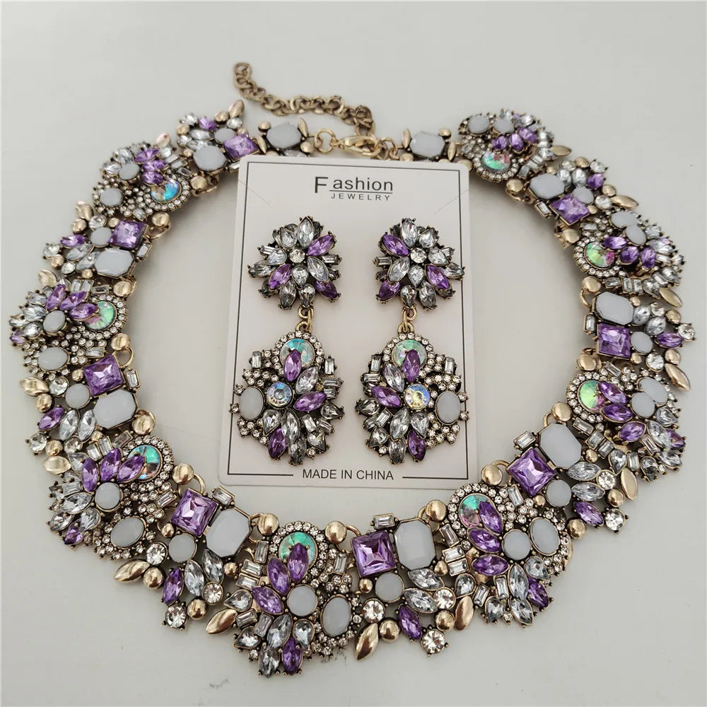 Crystal Rhinestones Necklace Earrings Bridal Jewelry Sets Big Choker Necklace