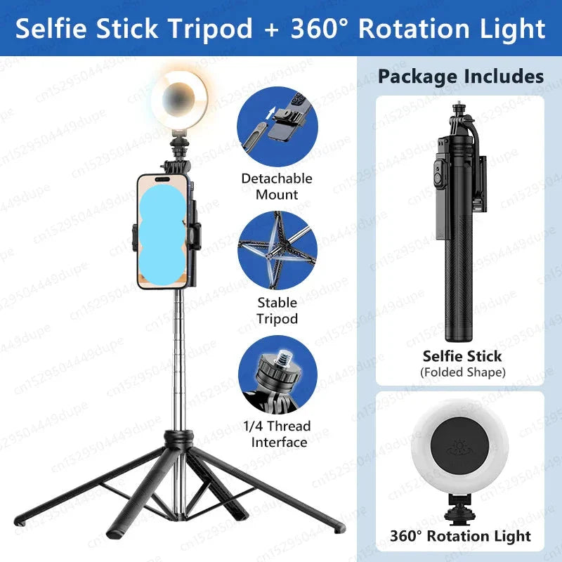 TOKQI Extendable Tripod with Bluetooth Remote and 360° Rotation Light, featuring a detachable mount and 1/4 inch screw. Ideal for smartphone cameras and vlogging.