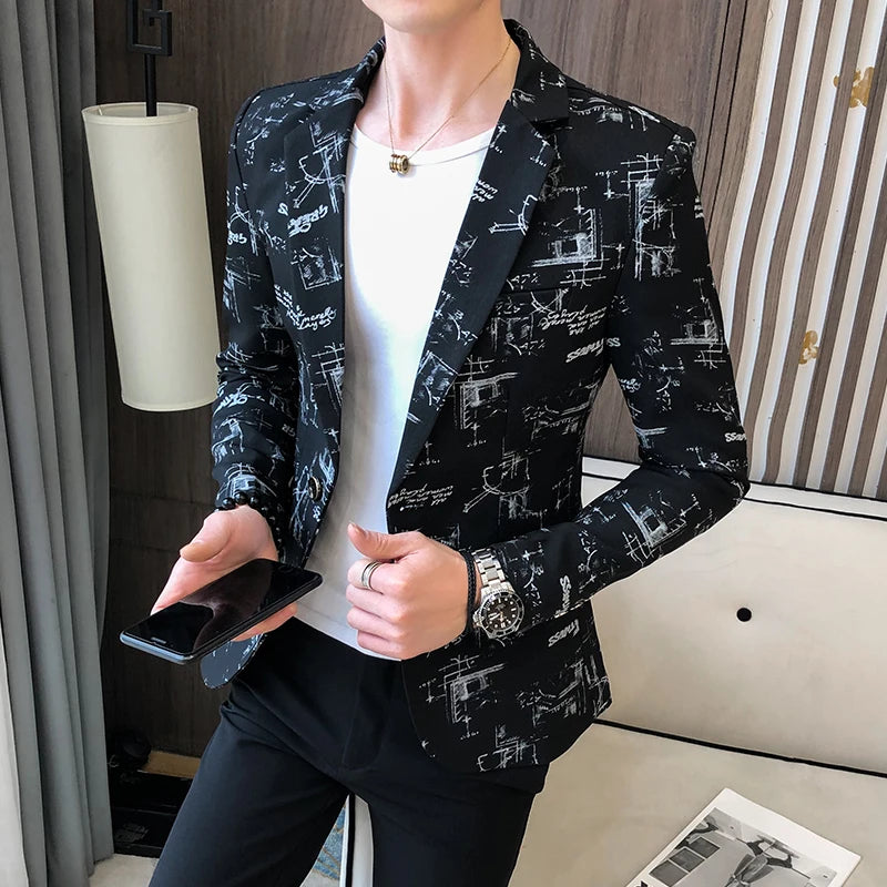 Men Blazer Spring Fashion High-quality Men Korean Version of The Printed Slim Formal Wedding Party Prom Suit Jacket