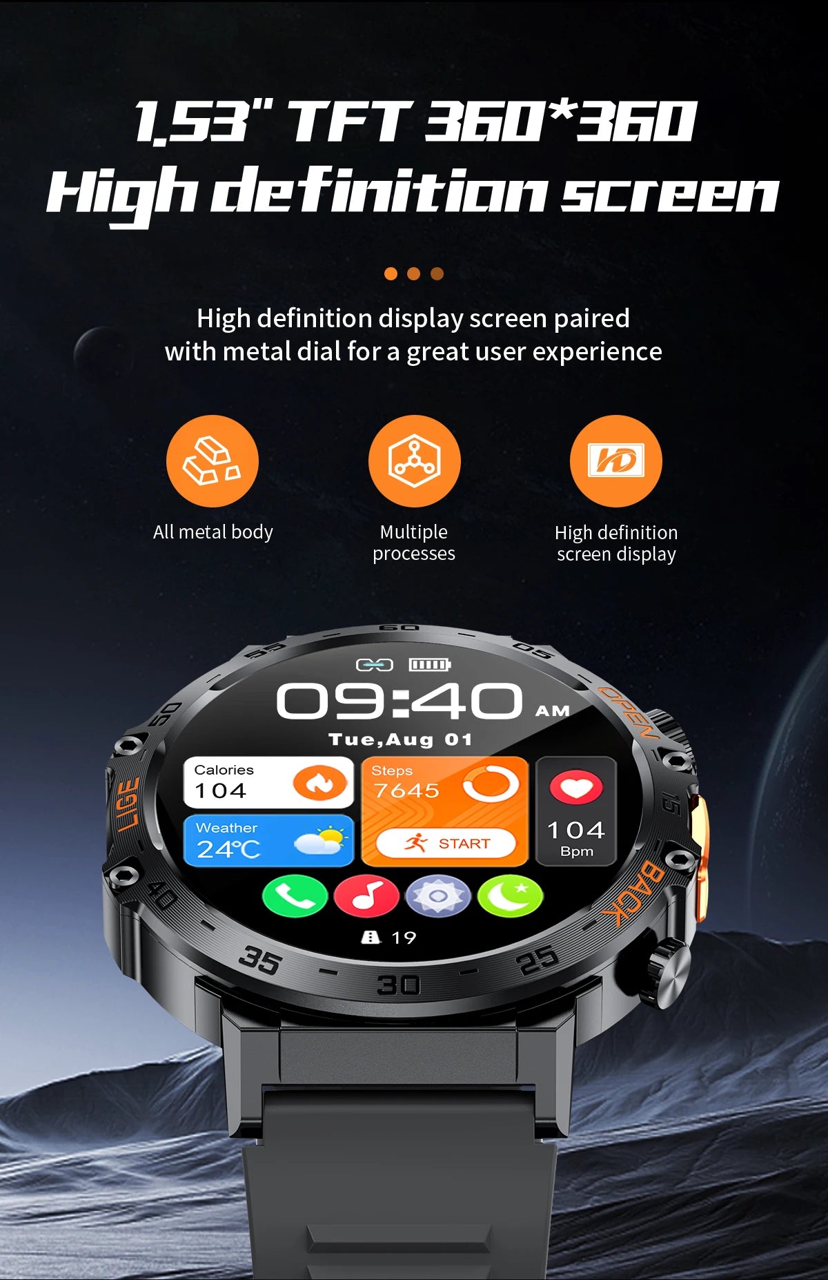 LIGE 2025 Smart Watch Men 360*360 AMOLED HD Screen Waterproof Sport Fitness Watches Flashlight