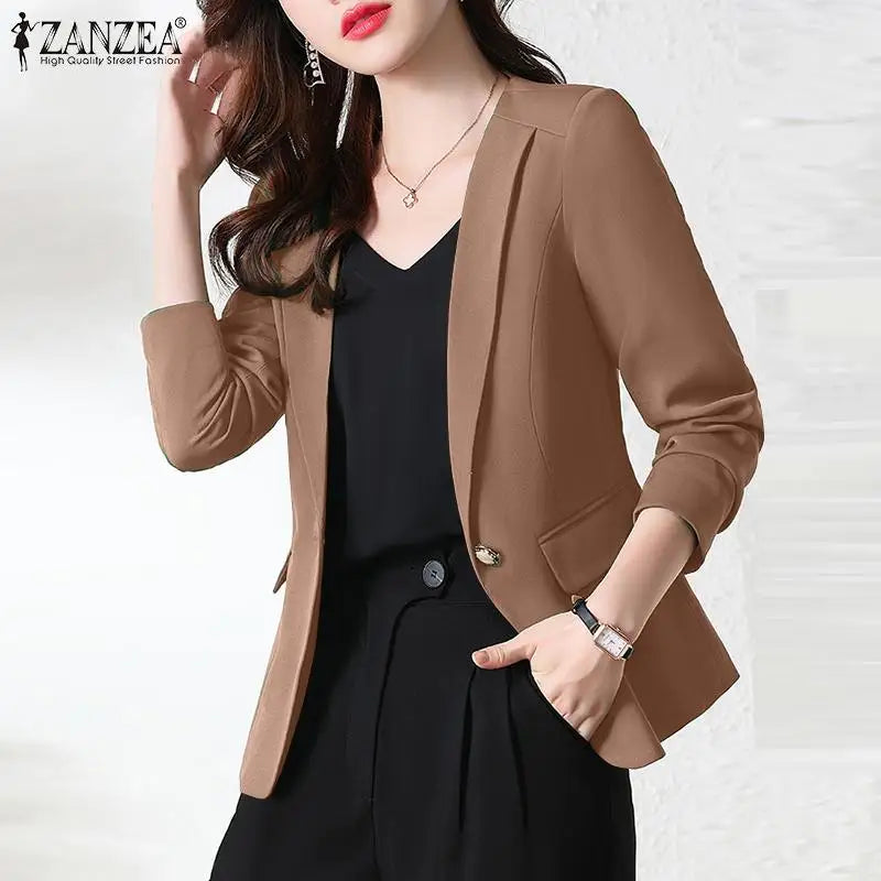 Women Blazer by ZANZEA Women Elegant OL Jackets Casual Slim Outwear Solid Lapel Neck Long Sleeve Work Thin Coats