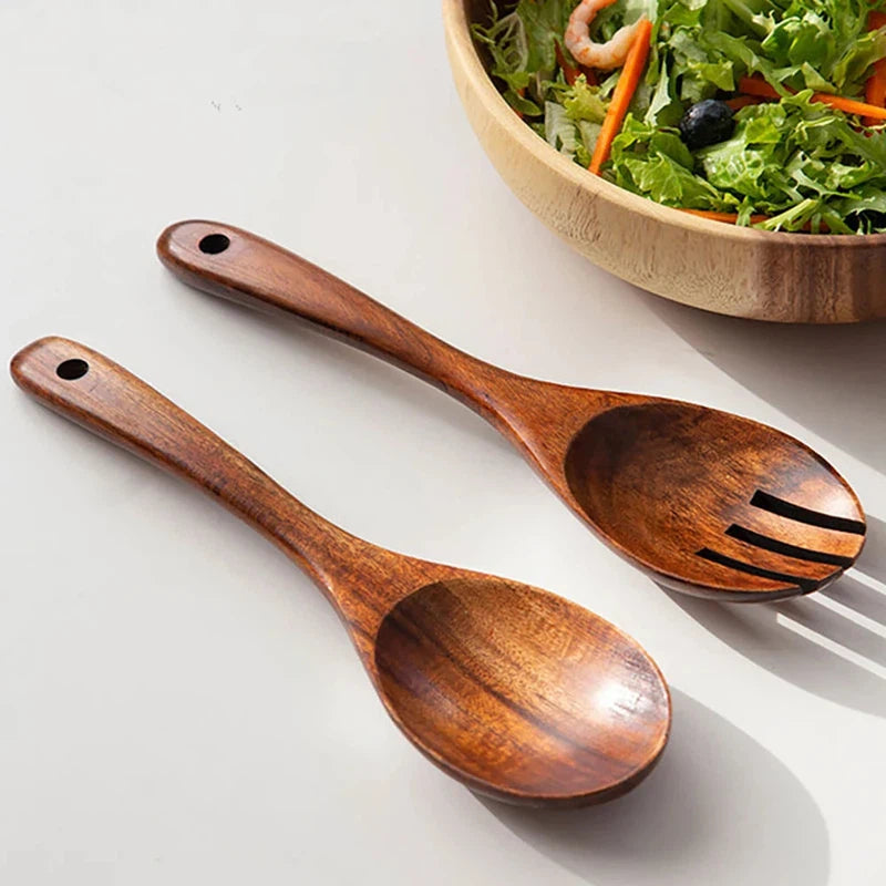 Wooden spoon and fork set for serving salad, Japanese style, eco-friendly dinnerware.