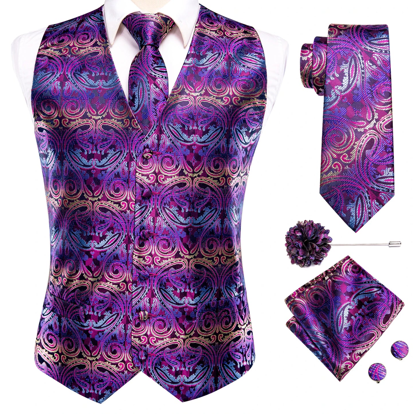Men Suit Vests Hi-Tie Silk 4PC Woven Floral Black Waistcoat Tie Pocket Square Cufflink Business Wedding Dress Waist Jacket