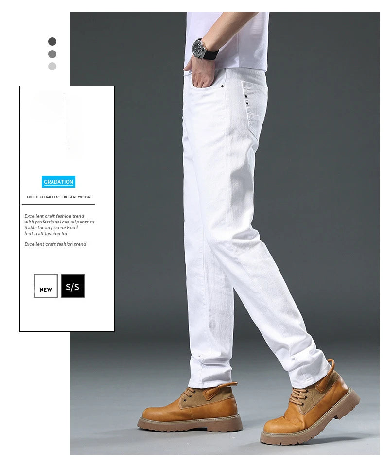 Men's Jean Slim Casual Jeans Pure White Stretch Straight Gentleman's Jeans Long Trousers Classic