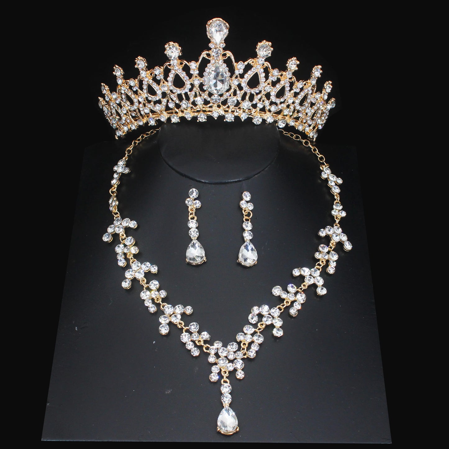 Crystal Wedding Bridal Jewelry Sets Women/Girl Gold Color Tiara/Crown Earrings Choker Necklace Bride Jewelry Set