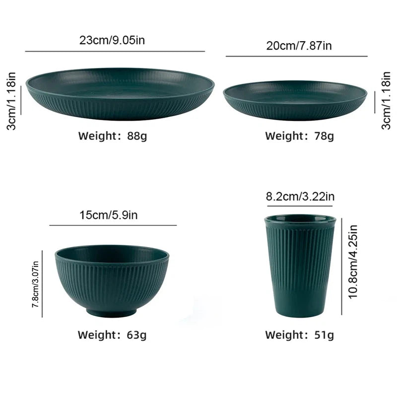 4-piece wheat straw tableware set with green plates, bowl, and cup, eco-friendly and unbreakable, ideal for camping and kitchen use.