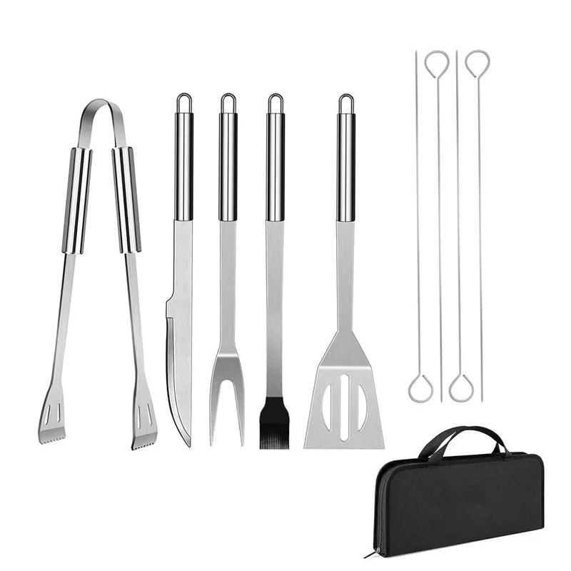 Stainless steel barbecue accessory set with 9 tools, includes tongs, knife, fork, spatula, skewers, and carrying bag, perfect for outdoor grilling and picnics.