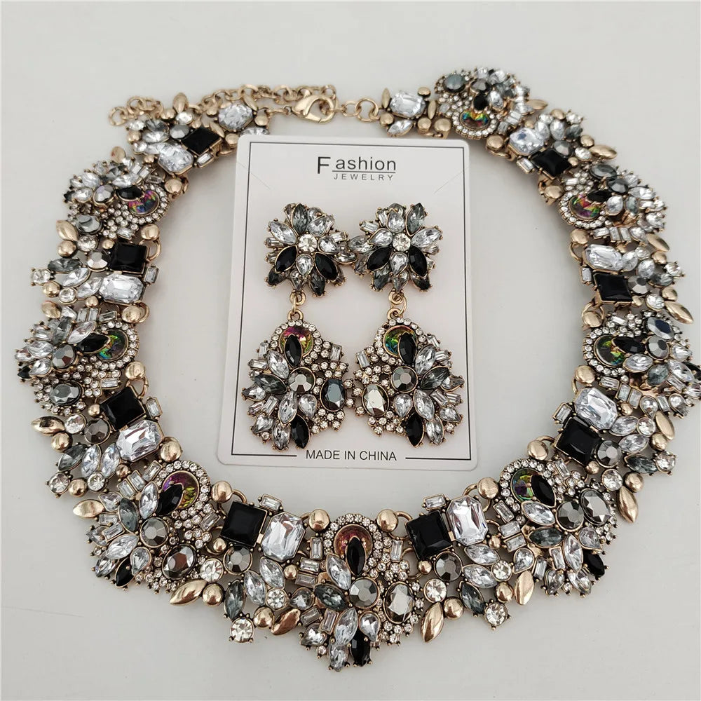 Crystal Rhinestones Necklace Earrings Bridal Jewelry Sets Big Choker Necklace