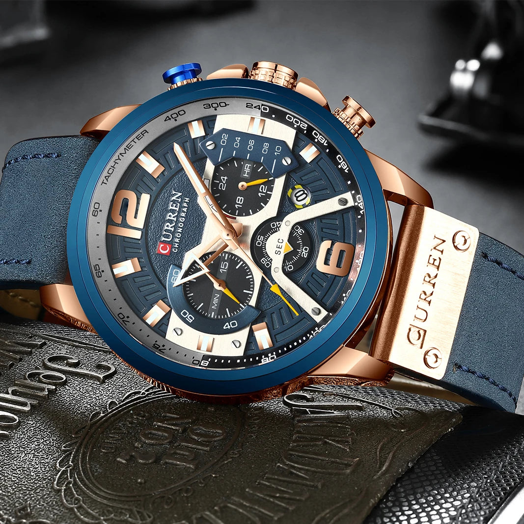 Men's Watches CURREN Casual Sport Leather Wrist Watch Fashion Chronograph