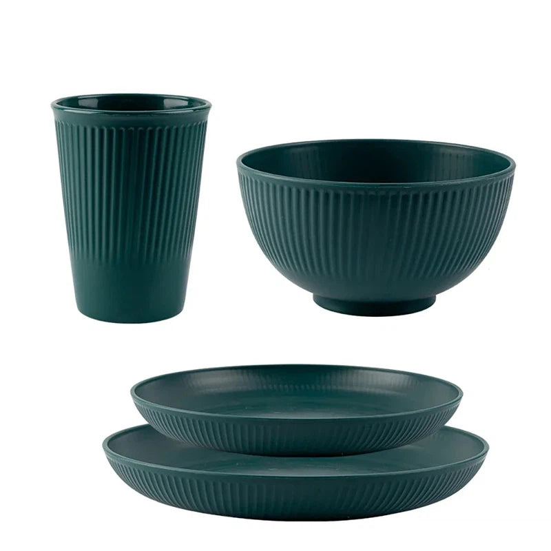 4-piece wheat straw tableware set with plate, dish, bowl, and cup; eco-friendly and unbreakable dinnerware.