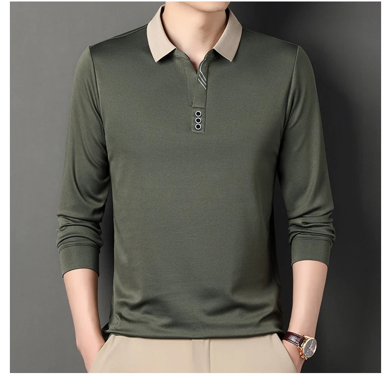 Men's Polo T-Shirt Casual Waffle Long Sleeve T-shirt Spring Autumn Elastic Lapel Base Shirt Top Brand Male Clothes