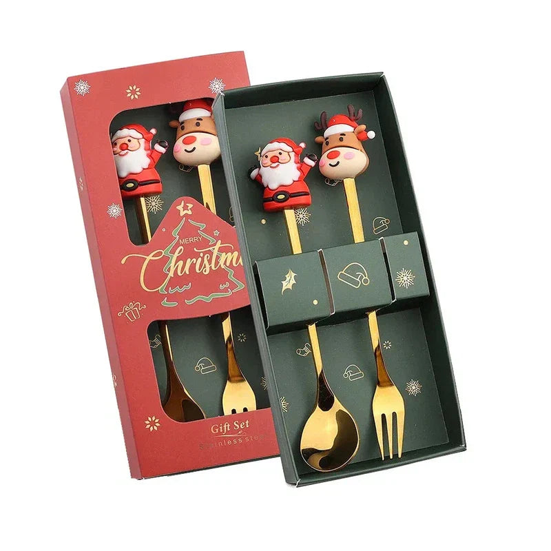 Christmas gift gold spoon and fork set with festive elk design, perfect for tree decoration and dessert serving.