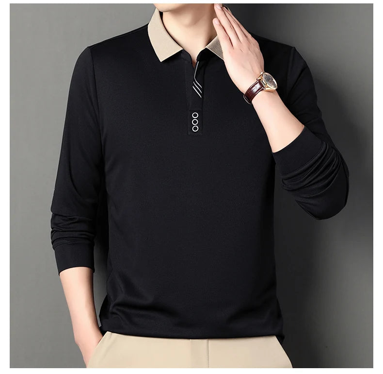 Men's Polo T-Shirt Casual Waffle Long Sleeve T-shirt Spring Autumn Elastic Lapel Base Shirt Top Brand Male Clothes