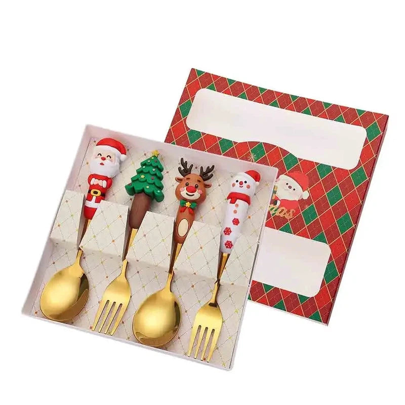 Christmas cutlery set with stainless steel dessert spoons and forks featuring creative cartoon doll designs in gift box.