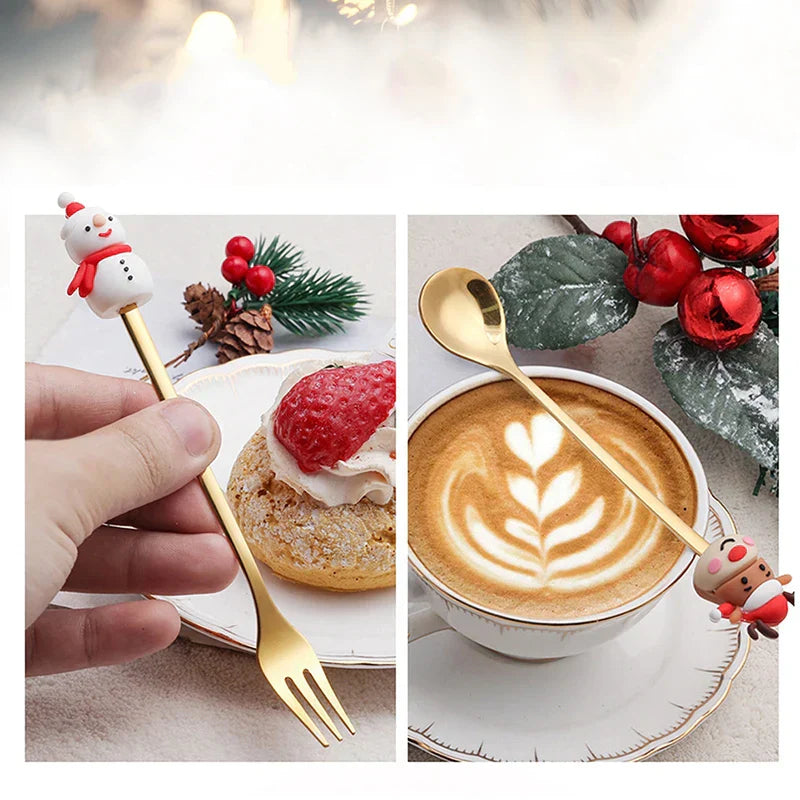 Christmas-themed stainless steel coffee spoons and forks set with festive decorations.