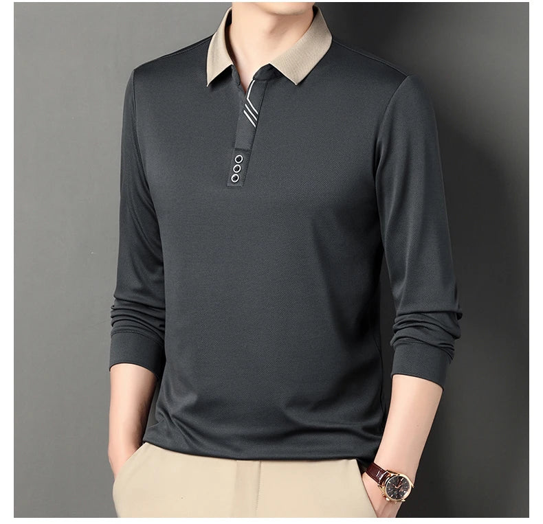 Men's Polo T-Shirt Casual Waffle Long Sleeve T-shirt Spring Autumn Elastic Lapel Base Shirt Top Brand Male Clothes