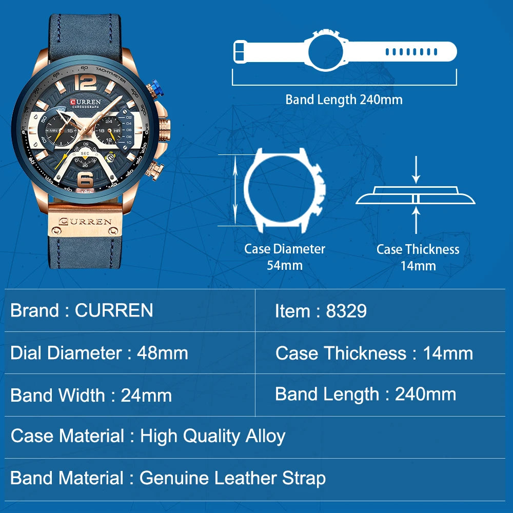 Men's Watches CURREN Casual Sport Leather Wrist Watch Fashion Chronograph