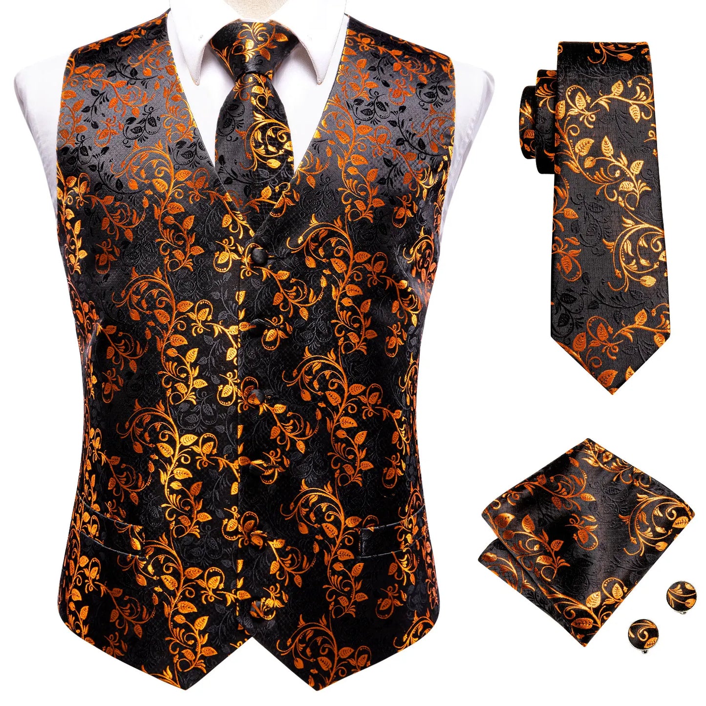 Men Suit Vests Hi-Tie Silk 4PC Woven Floral Black Waistcoat Tie Pocket Square Cufflink Business Wedding Dress Waist Jacket