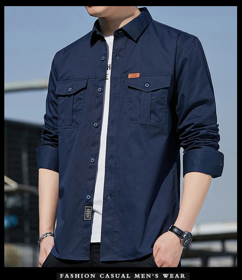 Men's Shirt Cotton New Cargo Style Long Sleeve Outdoor Casual High Quality Clothing