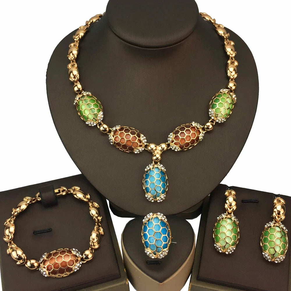 Gold-Plated Beads Necklace Earrings Bracelet Ring Sets Girls Birthday Gifts FHK17030