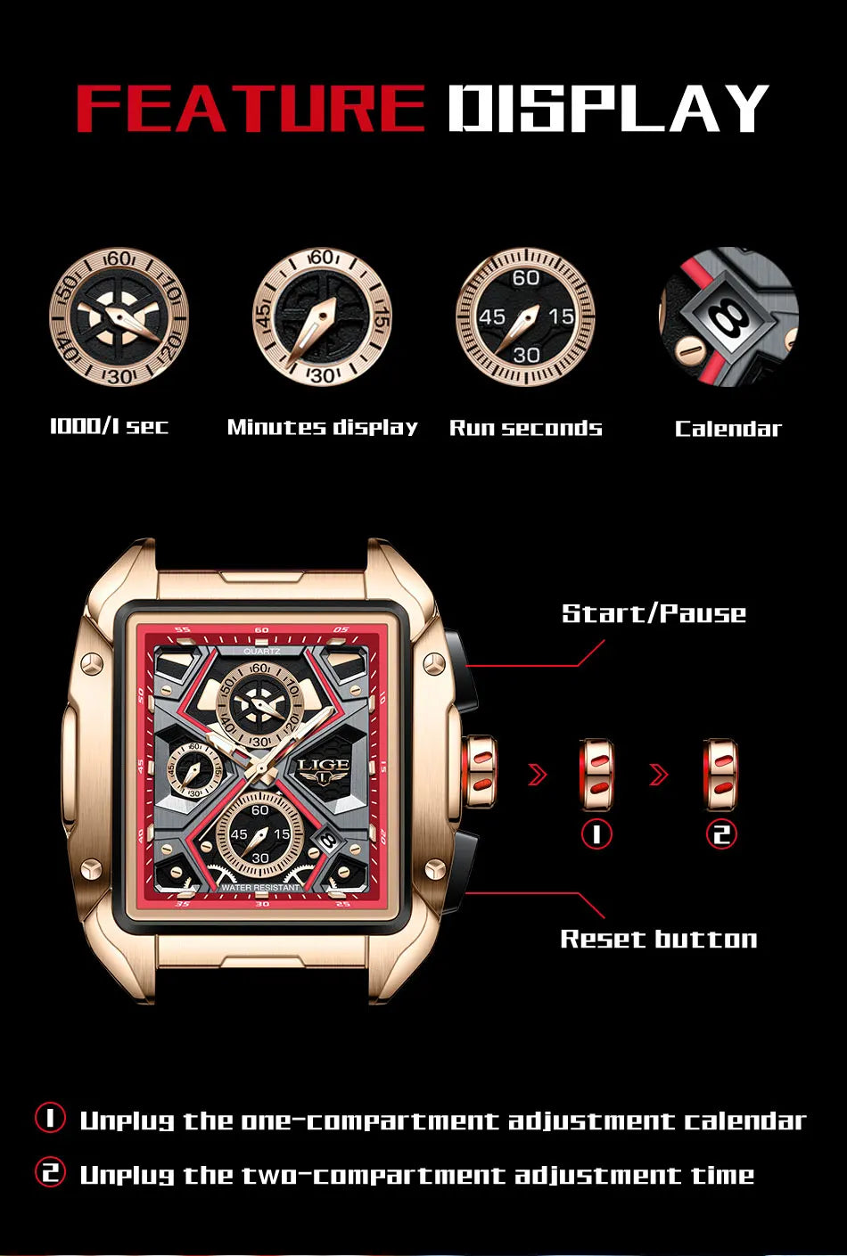 Men's Watches LIGE Big Dial Top Luxury Brand Sport Waterproof Chronograph Quartz Clock Automatic Date