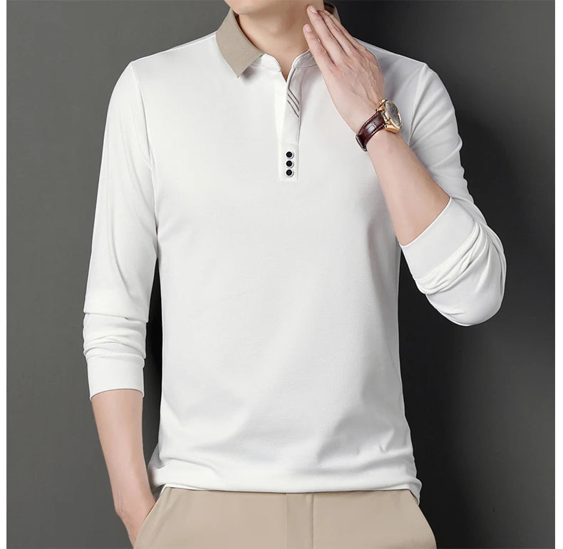 Men's Polo T-Shirt Casual Waffle Long Sleeve T-shirt Spring Autumn Elastic Lapel Base Shirt Top Brand Male Clothes