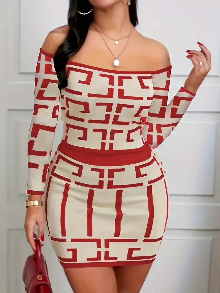 Women Fashion Two Piece Set  Off-Shoulder Top & High-Waisted Slim Skirt Outfit Clothing Chic Geometric Print