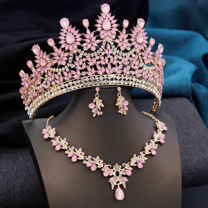 High Opal Pink Tiaras and necklace earrings Bridal Jewelry Sets or Crown Prom Birthday Costume