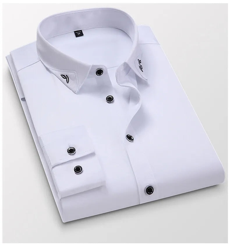 Men's Shirt  Long-sleeved Lite Embroidered Business Shirt Classic Slim Formal Male Brand Dress