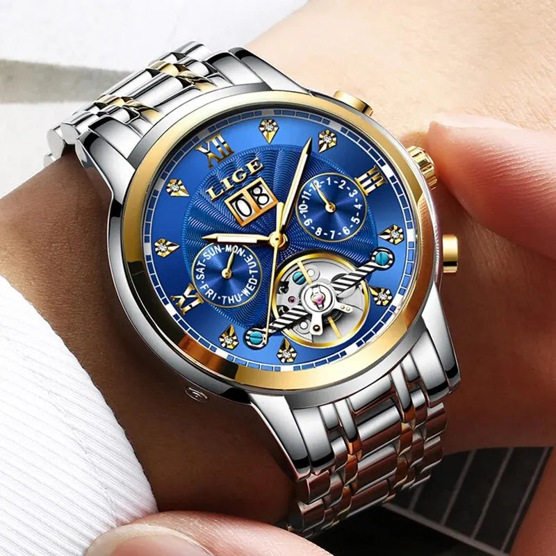 LIGE Luxury Tourbillon Watch for Men Sport Men's Mechanical Wristwatches Casual Waterproof Automatic Watch