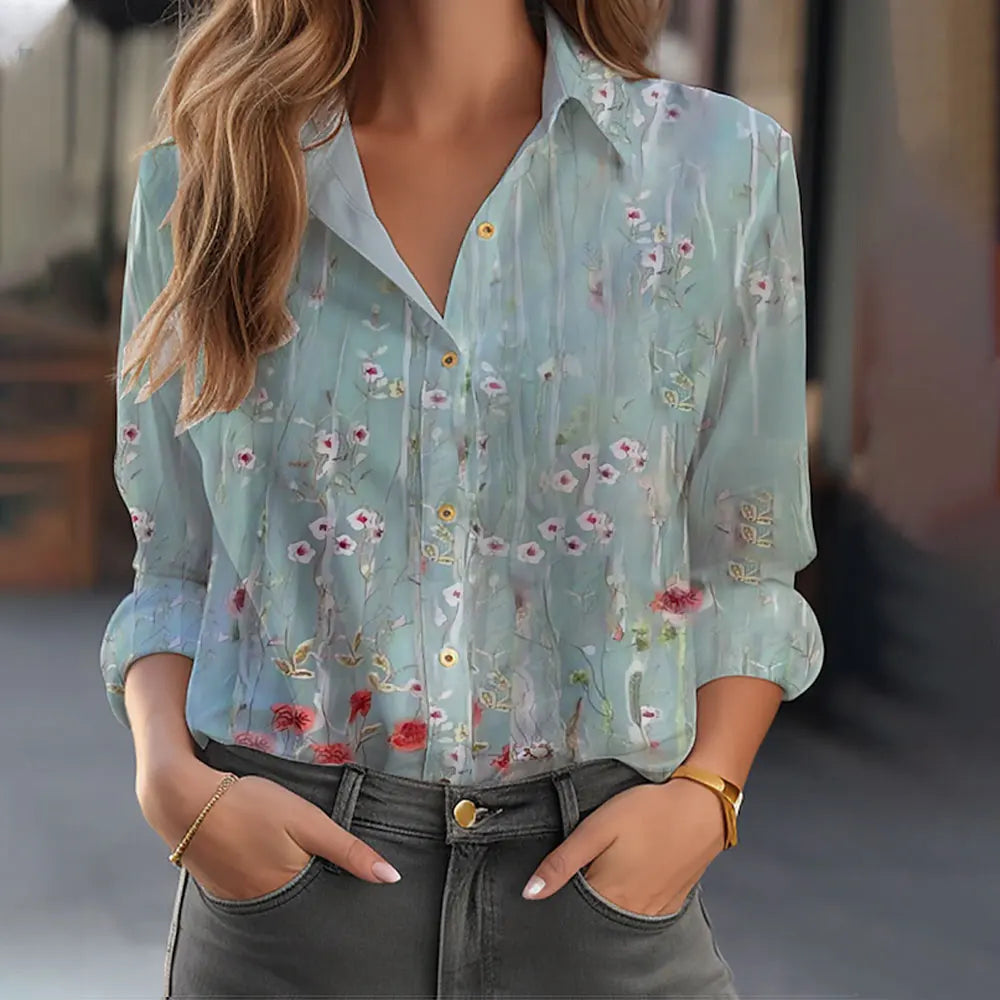 Women's Long Sleeve Shirt 3D Flower Printed Button Long Sleeve Tops Women's Blouse For Office Lady Clothing