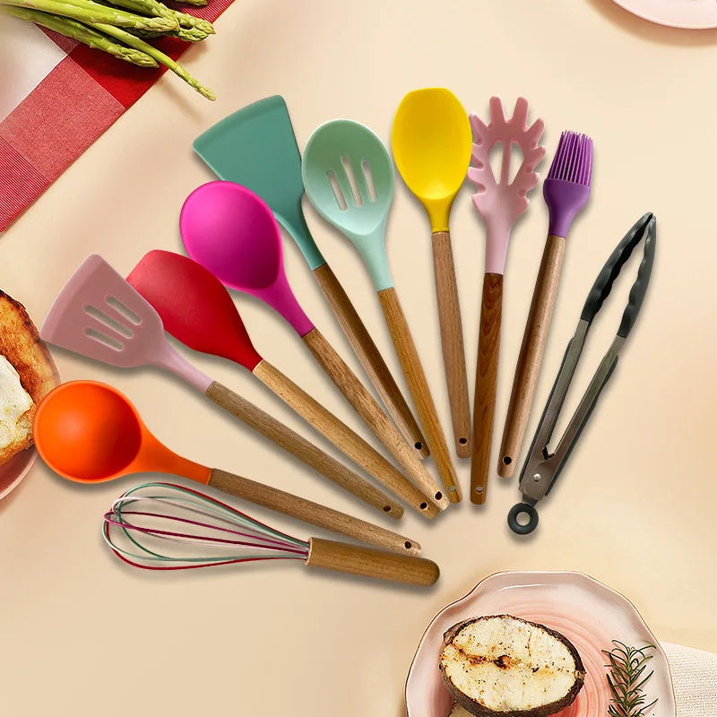 12PCS Silicone Non-Stick Cookware Set with Wooden Handles featuring Spatula, Egg Beaters, and Kitchenware Accessories.