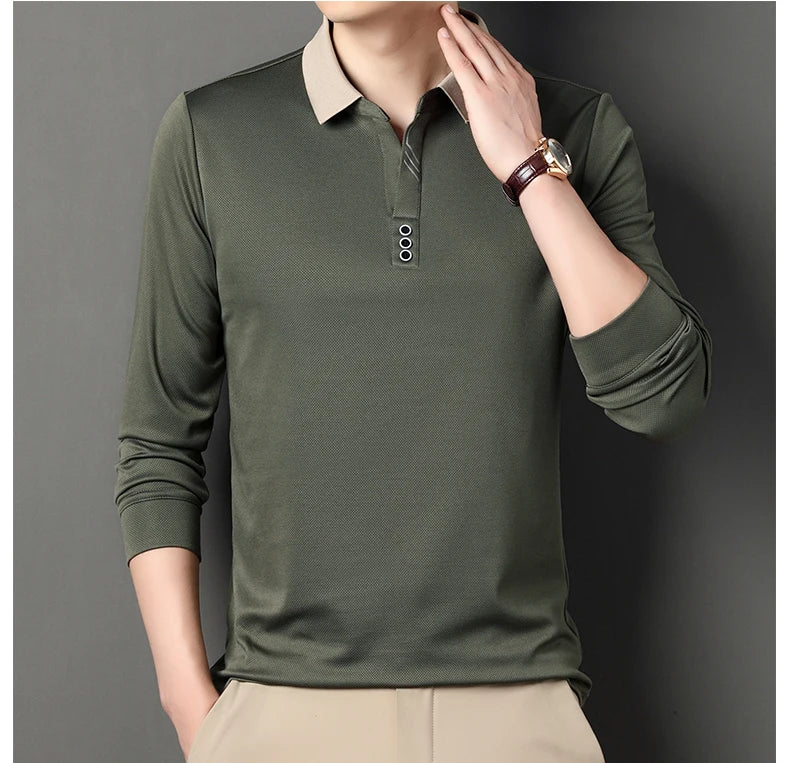 Men's Polo T-Shirt Casual Waffle Long Sleeve T-shirt Spring Autumn Elastic Lapel Base Shirt Top Brand Male Clothes