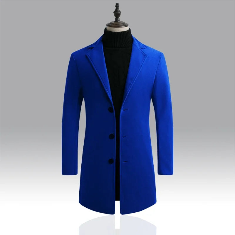 Long Cotton Coat New Wool Blend Jacket Spring Autumn Pure Color Casual Business Fashion Men's Clothing Slim Windbreaker