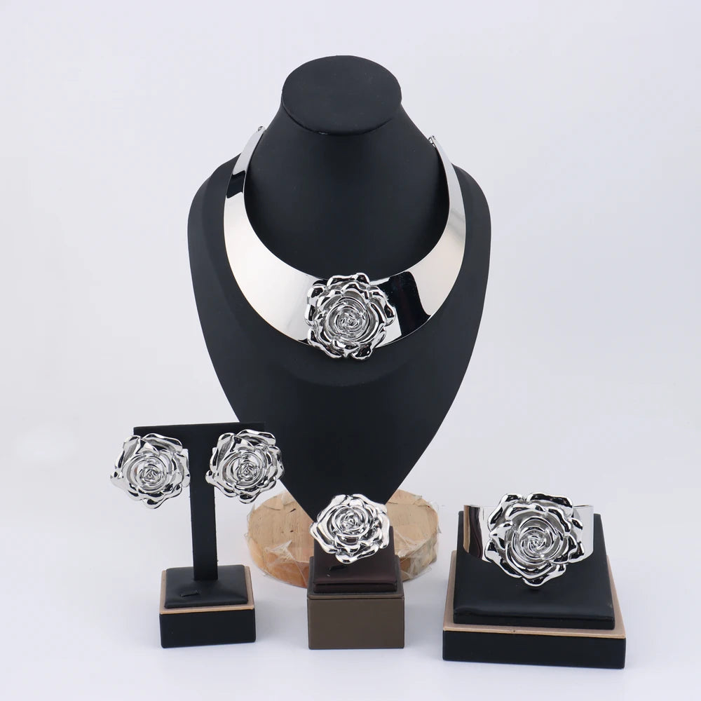 YM Golden Color Earrings Rings Bracelets Necklace charms  Jewelry 4-piece Set  Wedding Banquet Party