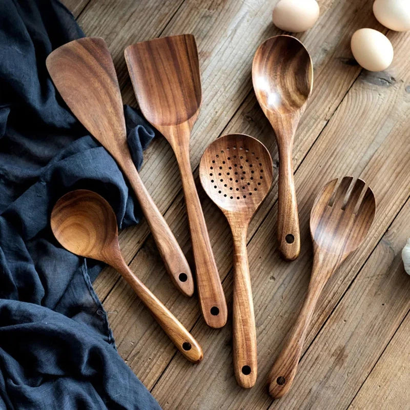 Wooden handle kitchen utensil set with non-stick spatula and soup spoon, eco-friendly 8-piece cookware set.