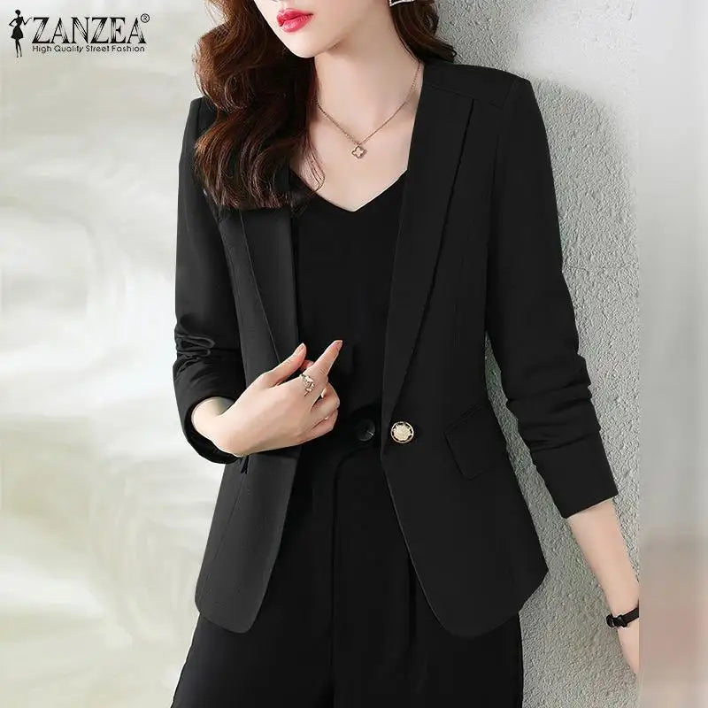 Women Blazer by ZANZEA Women Elegant OL Jackets Casual Slim Outwear Solid Lapel Neck Long Sleeve Work Thin Coats