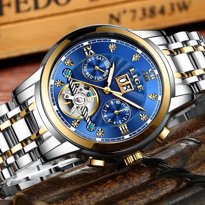 LIGE Luxury Tourbillon Watch for Men Sport Men's Mechanical Wristwatches Casual Waterproof Automatic Watch