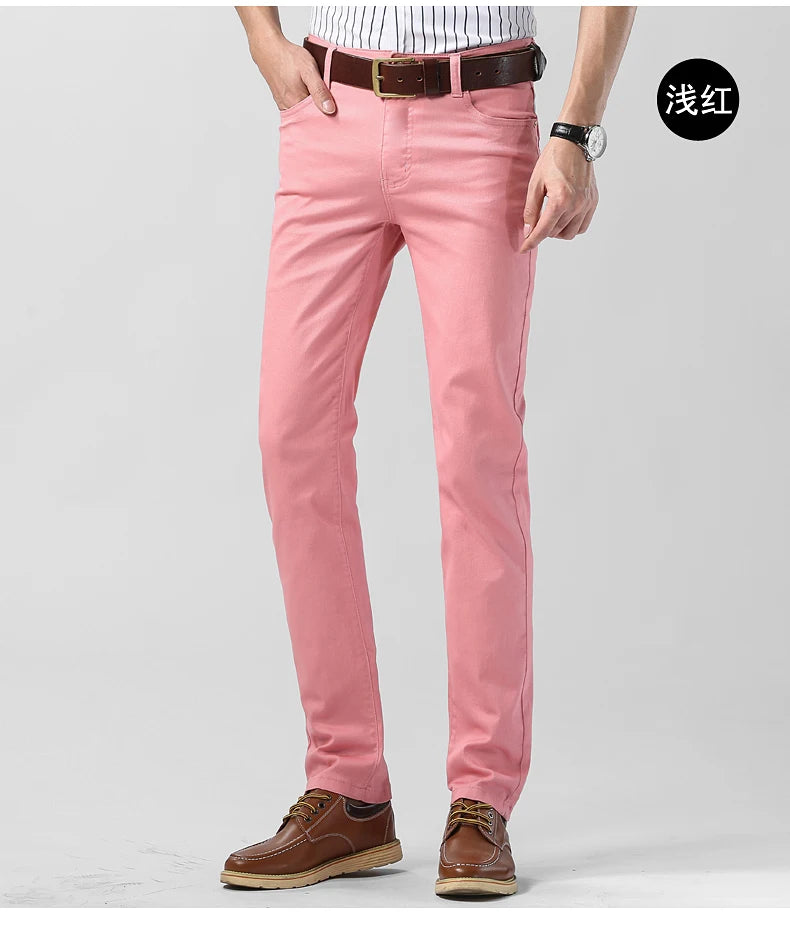 Men's Jeans Casual  Pant Stretch Skinny Jeans New Elastic Yellow Pink Red Slim Male Clothing Solid Color Simple Business Trousers